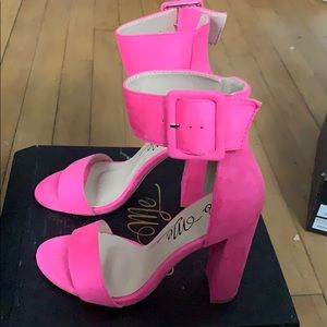 Open toe pink heels